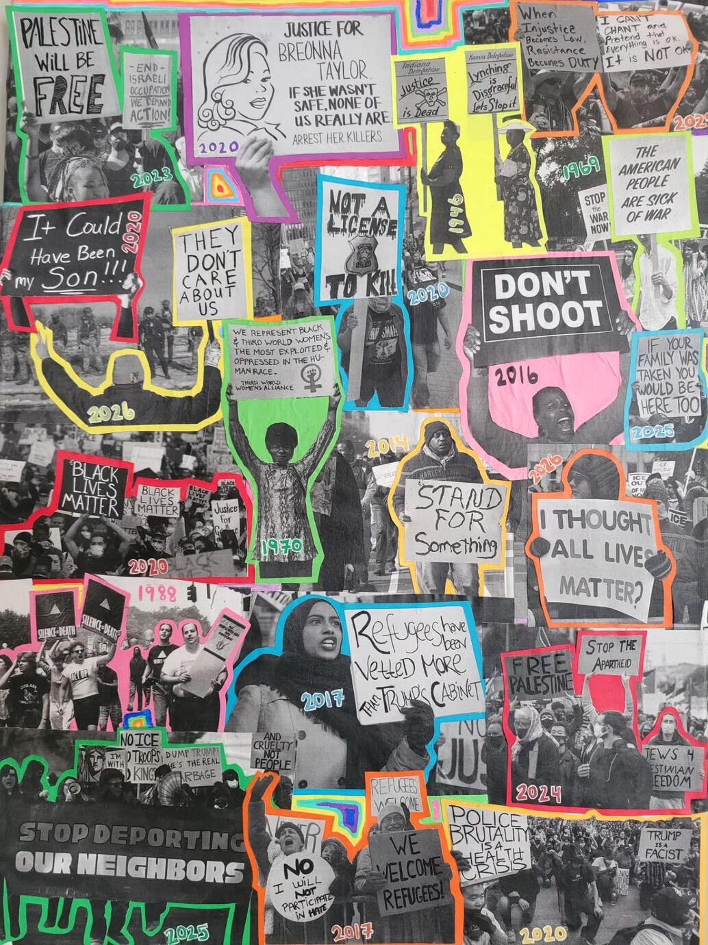 "our struggles are interconnected" (2026). Featured in THAW (IV) art gallery, 3/14/2026 at The Yards Gallery. see post on Instagram for more information!