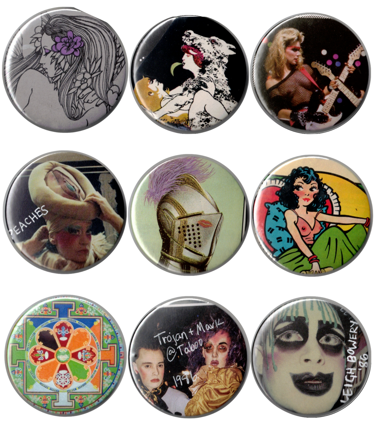 batch 1 (2025) - magazine/collage pins. these pins are cutouts of art & images from some of the following magazines: mainly Playboy (70s vintage), also The New Yorker, The Wire, The Atlantic.