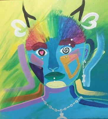 An abstract, colorful artist self-portrait.