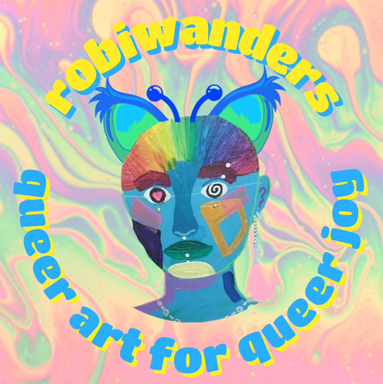 An abstract, colorful artist self-portrait.