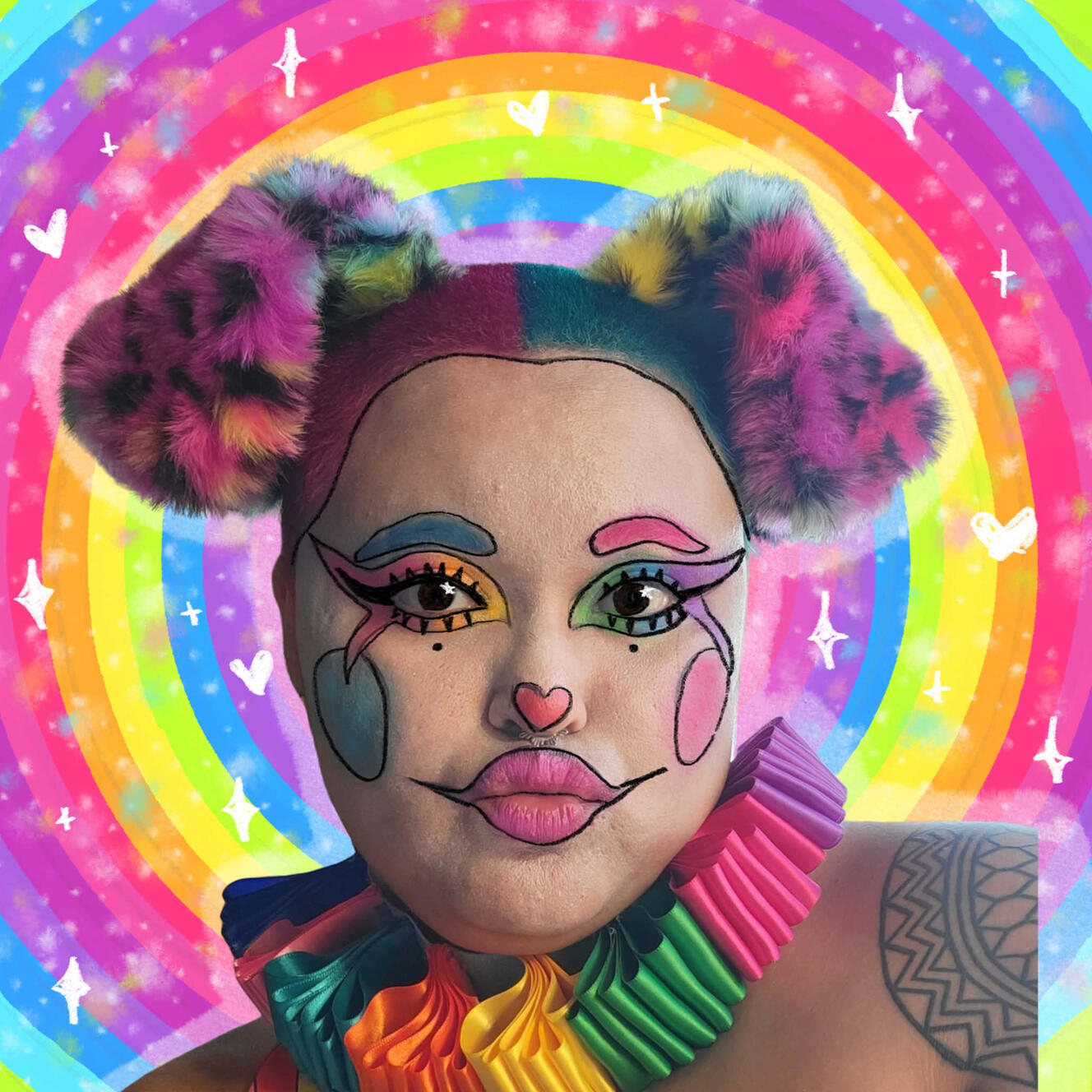 An abstract, colorful artist self-portrait.
