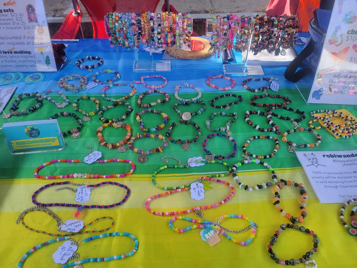 a table spread with robiwanders bracelets and chokers