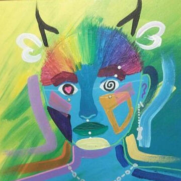 An abstract, colorful artist self-portrait.